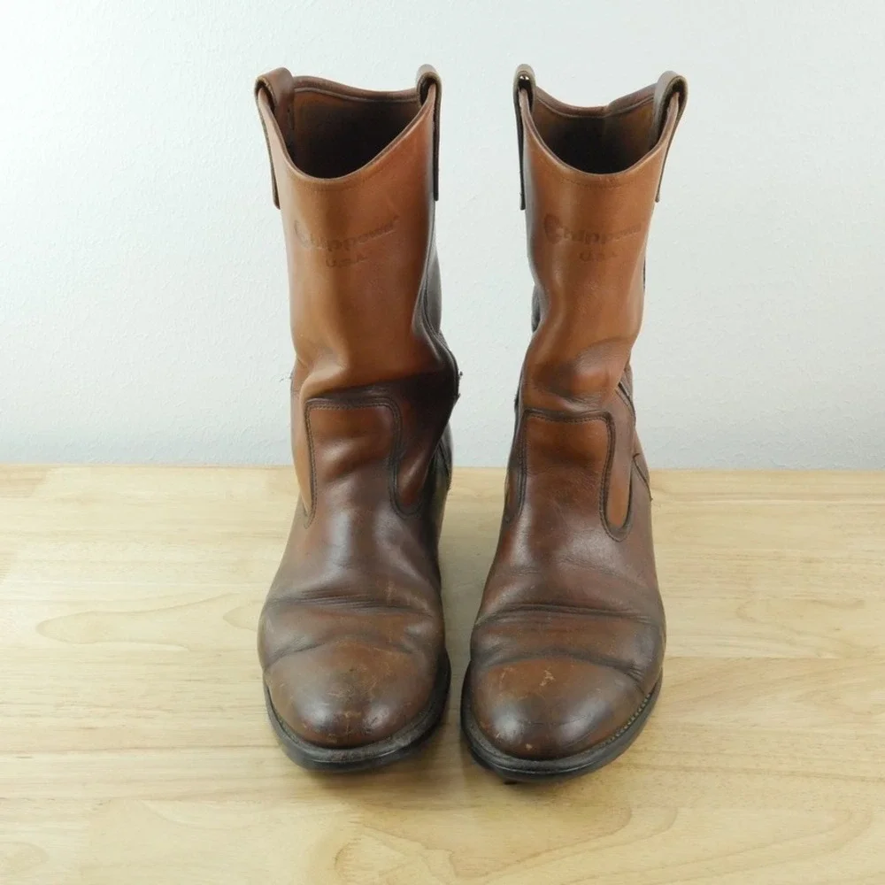 Chippewa Vintage Brown Leather Work Boots Mens 10 B USA Western Roper Pull On